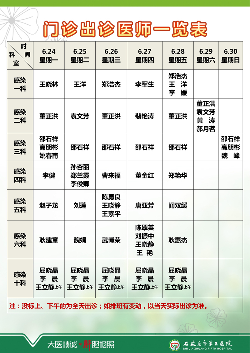 2024年6月17日—6月23日 门诊出诊医师一览表