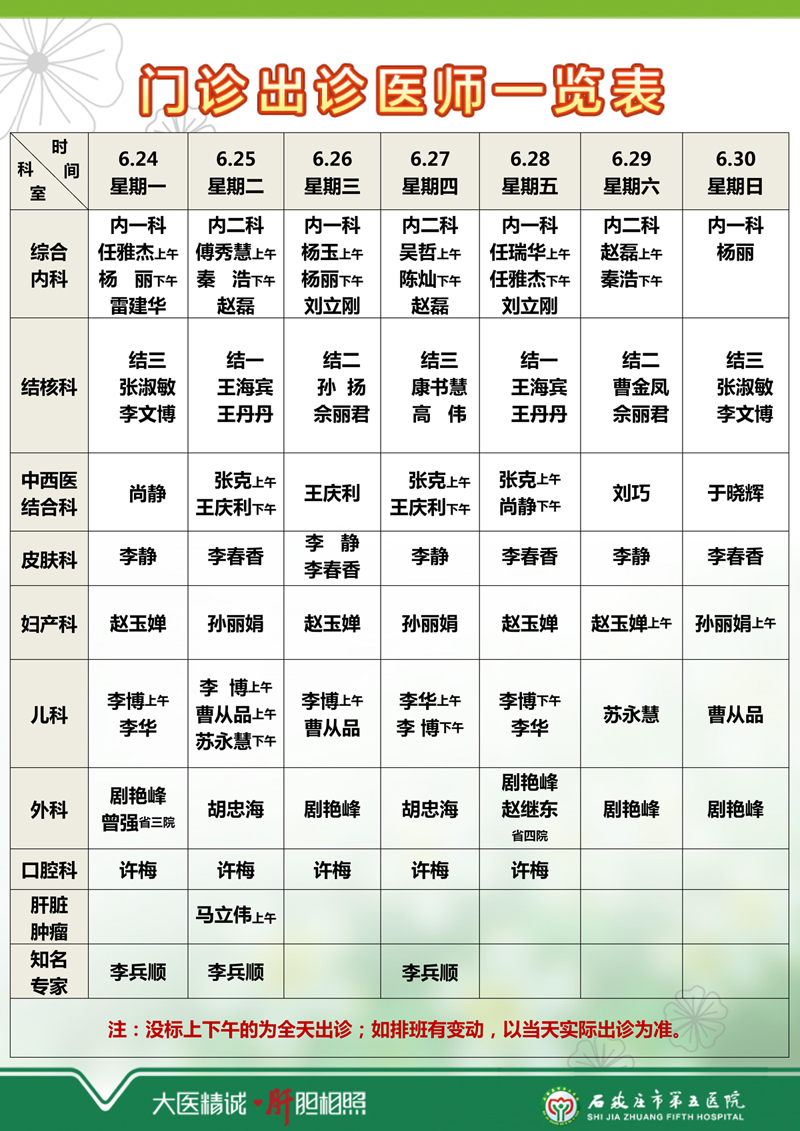 2024年6月17日—6月23日 门诊出诊医师一览表