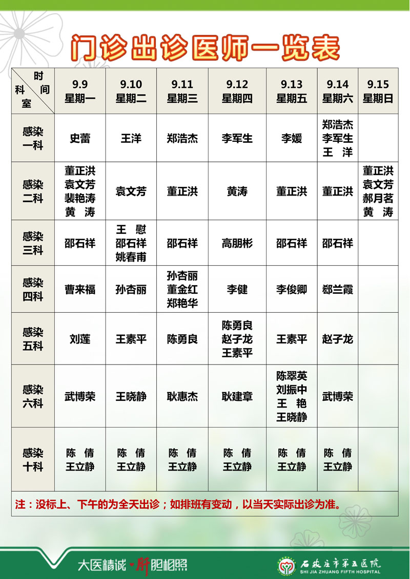 2024年9月2日—9月8日 门诊出诊医师一览表