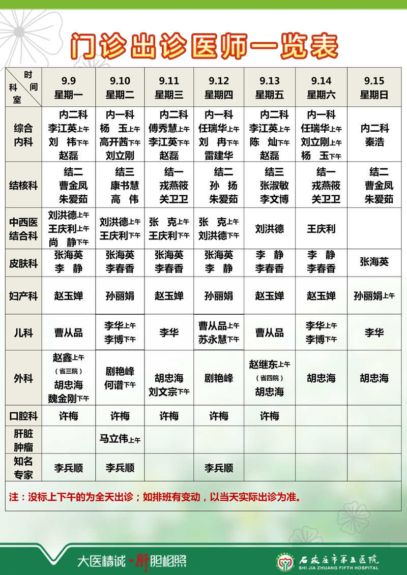 2024年9月2日—9月8日 门诊出诊医师一览表